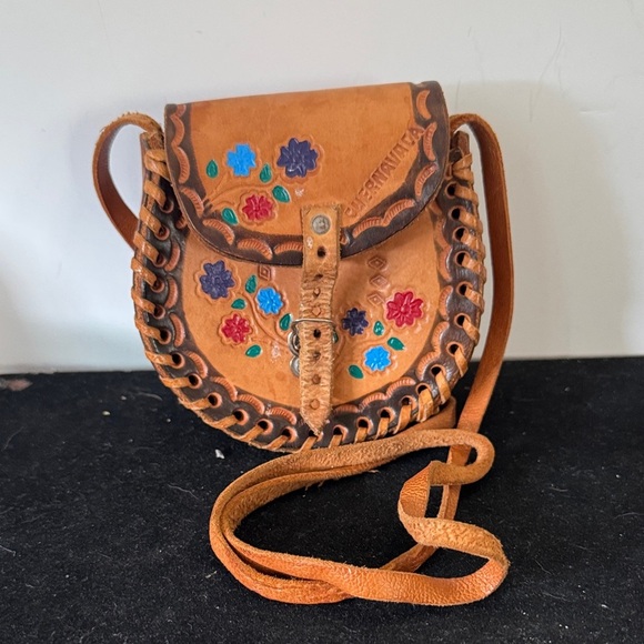 Handcrafted Handbags - Vintage Handcrafted hand tooled Floral Tan Leather Crossbody Bag
